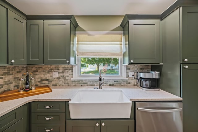 320 W Liberty St, Bucyrus, OH 44820 - kitchen with green cabinets, dishwasher, backsplash, and light stone counters