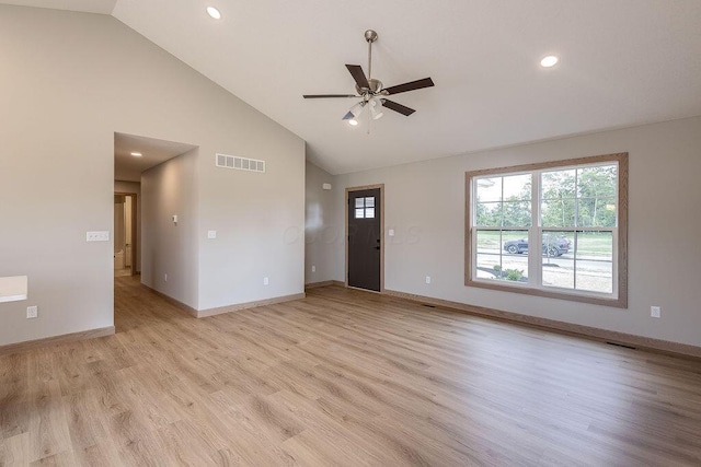 551 Cannondale Ave, Johnstown, OH 43031 - unfurnished living room featuring a ceiling fan, high vaulted ceiling, light wood-style floors, and recessed lighting