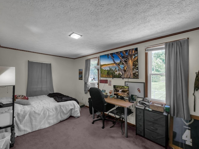 1018 Harrison Ave, Lancaster, OH 43130 - carpeted bedroom with multiple windows, crown molding, a textured ceiling, cooling unit, and an office area