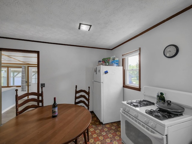 1018 Harrison Ave, Lancaster, OH 43130 - kitchen featuring white appliances, crown molding, and a textured ceiling