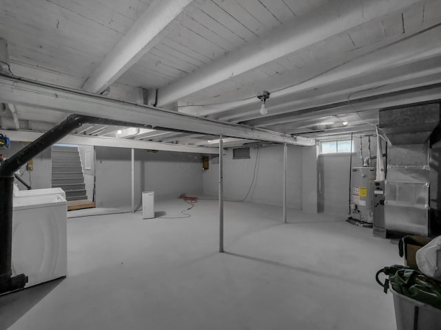 1018 Harrison Ave, Lancaster, OH 43130 - basement featuring water heater, washer / clothes dryer, stairs, and heating unit