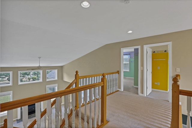 7511 Windsor Dr, Dublin, OH 43016 - corridor featuring an upstairs landing, carpet floors, vaulted ceiling, and recessed lighting