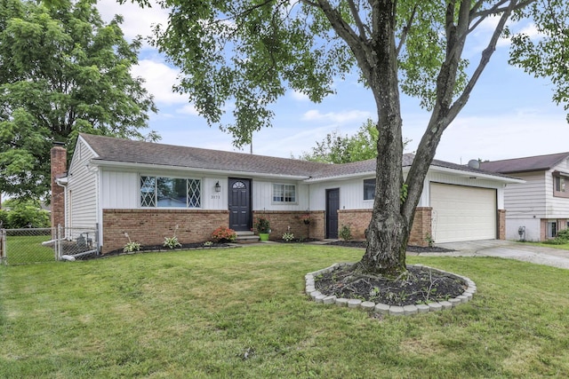 3171 Haskell Dr, Columbus, OH 43219 - ranch-style house with brick siding, an attached garage, driveway, board and batten siding, and entry steps