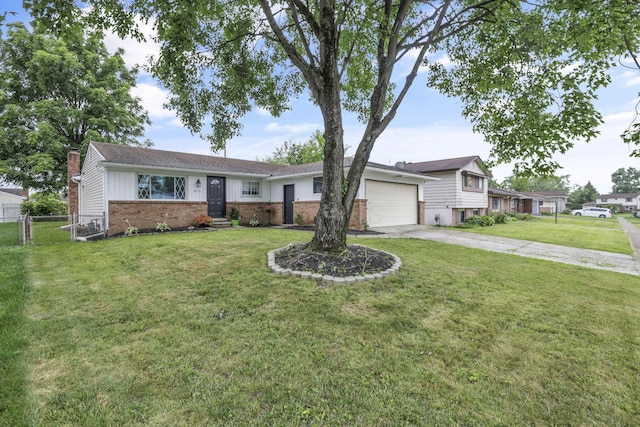 3171 Haskell Dr, Columbus, OH 43219 - view of front of home featuring brick siding, an attached garage, driveway, board and batten siding, and a chimney