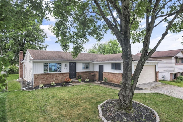 3171 Haskell Dr, Columbus, OH 43219 - single story home with brick siding, an attached garage, concrete driveway, board and batten siding, and a chimney