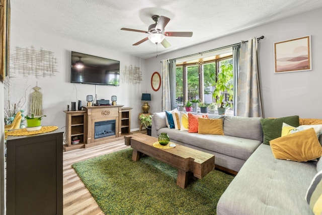 115 Maple Ave, Utica, OH 43080 - living area featuring light wood-style floors, a glass covered fireplace, a textured ceiling, and a ceiling fan