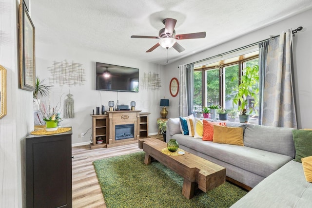 115 Maple Ave, Utica, OH 43080 - living area featuring light wood finished floors, a textured ceiling, ceiling fan, and a glass covered fireplace