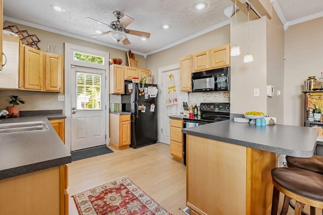 520 E Jenkins Ave, Columbus, OH 43207 - kitchen with black appliances, light brown cabinetry, light wood-style floors, a kitchen bar, and backsplash