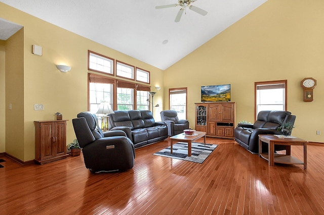 12961 Arabian Ct, Pickerington, OH 43147 - living room with high vaulted ceiling, wood finished floors, and ceiling fan