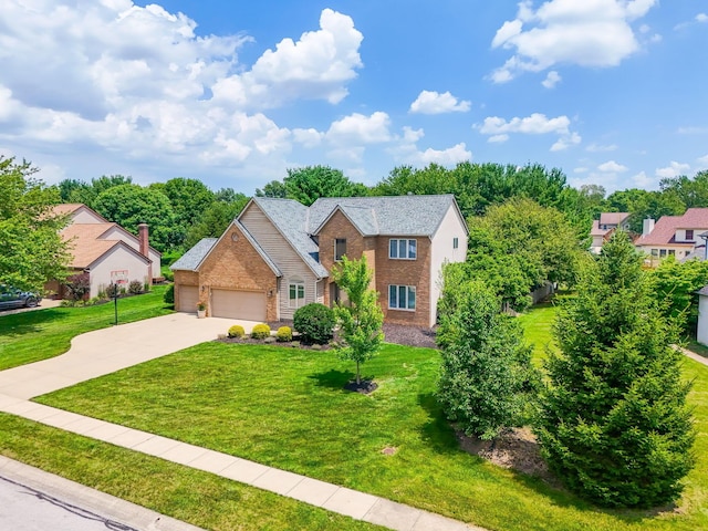 13191 Brandon Cir, Pickerington, OH 43147 - traditional-style home with brick siding, concrete driveway, a front lawn, and an attached garage