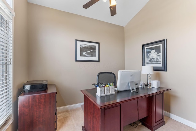 13191 Brandon Cir, Pickerington, OH 43147 - office area with a ceiling fan, light colored carpet, and vaulted ceiling