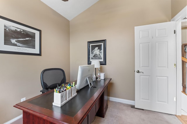 13191 Brandon Cir, Pickerington, OH 43147 - office space featuring vaulted ceiling, a ceiling fan, and light carpet