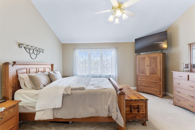 13191 Brandon Cir, Pickerington, OH 43147 - bedroom featuring light colored carpet, vaulted ceiling, and a ceiling fan