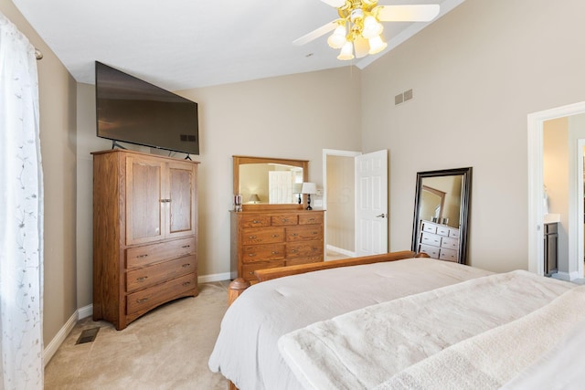 13191 Brandon Cir, Pickerington, OH 43147 - bedroom with light carpet, high vaulted ceiling, and ceiling fan
