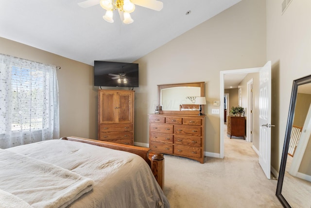 13191 Brandon Cir, Pickerington, OH 43147 - bedroom with light carpet, high vaulted ceiling, and a ceiling fan