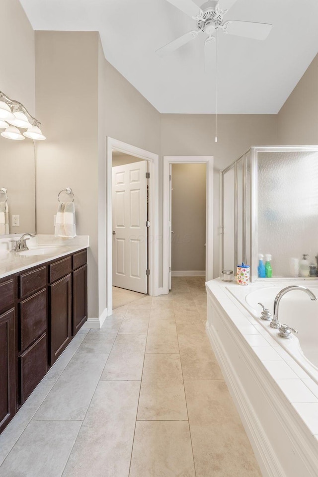 13191 Brandon Cir, Pickerington, OH 43147 - bathroom featuring a shower stall, a bath, vanity, tile patterned floors, and a ceiling fan