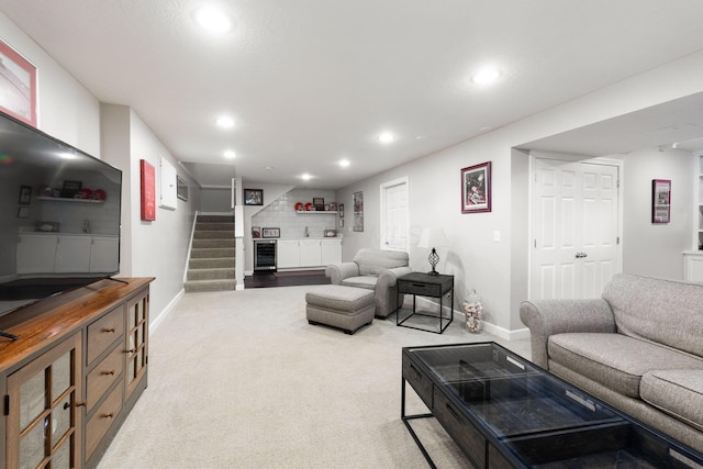 13191 Brandon Cir, Pickerington, OH 43147 - carpeted living area with bar area, beverage cooler, recessed lighting, and stairs