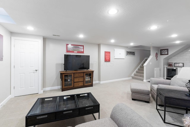 13191 Brandon Cir, Pickerington, OH 43147 - living room featuring recessed lighting, carpet flooring, stairway, and beverage cooler