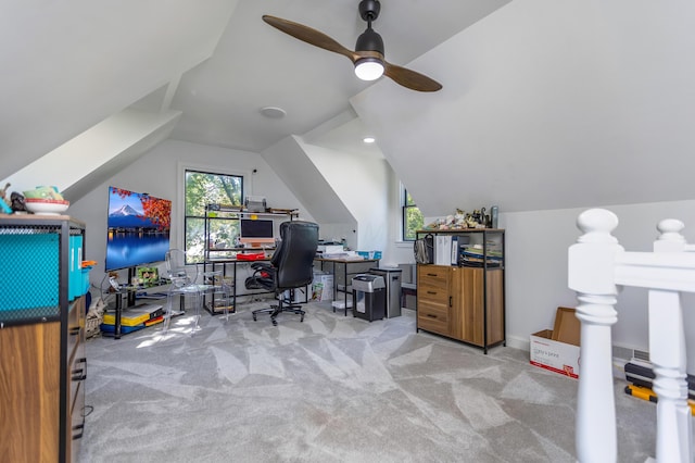 1800 Lynnbrook Ct, Orient, OH 43146 - carpeted home office with vaulted ceiling and ceiling fan