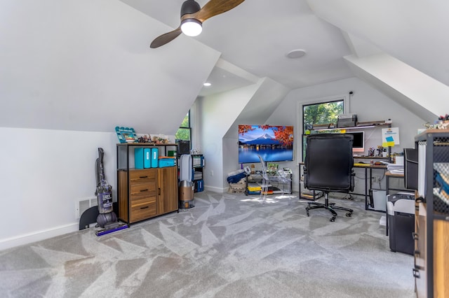 1800 Lynnbrook Ct, Orient, OH 43146 - office featuring vaulted ceiling, carpet floors, and a ceiling fan