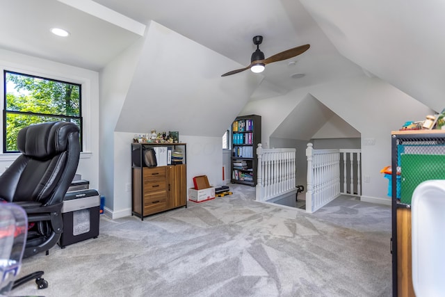 1800 Lynnbrook Ct, Orient, OH 43146 - home office with carpet flooring, lofted ceiling, and a ceiling fan