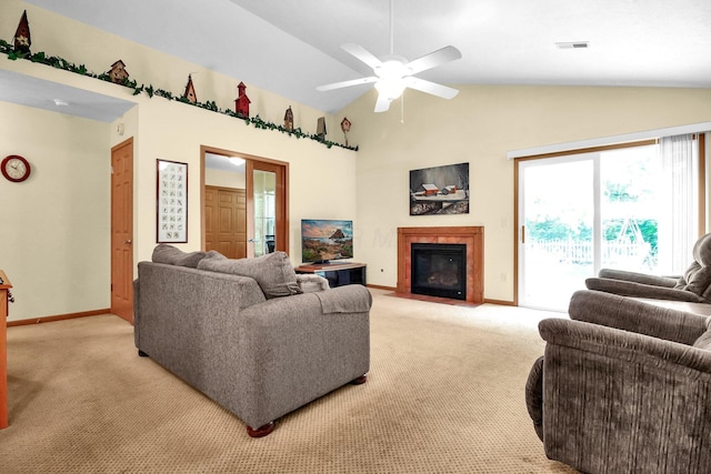 6817 Riding Trail Dr, Canal Winchester, OH 43110 - living area with light colored carpet, a fireplace with flush hearth, ceiling fan, and high vaulted ceiling