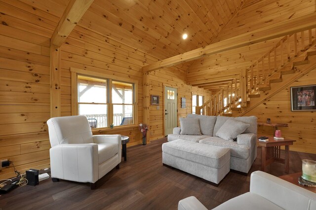 1607 Kato Ln, Sugar Grove, OH 43155 - living room with wooden walls, vaulted ceiling, stairs, dark wood-style floors, and wooden ceiling