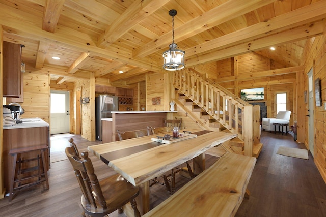 1607 Kato Ln, Sugar Grove, OH 43155 - dining area featuring wooden walls, stairway, a wood ceiling with exposed beams, dark wood-type flooring, and bar