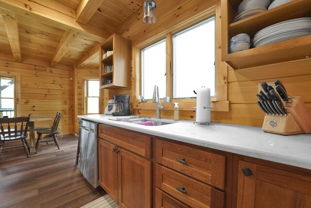 1607 Kato Ln, Sugar Grove, OH 43155 - kitchen featuring open shelves, a wood ceiling with exposed beams, stainless steel dishwasher, wood finished floors, and wooden walls