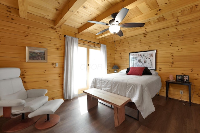 1607 Kato Ln, Sugar Grove, OH 43155 - bedroom with a wooden ceiling with exposed beams, access to exterior, wooden walls, wood finished floors, and ceiling fan