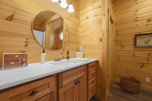 1607 Kato Ln, Sugar Grove, OH 43155 - bathroom with vanity, wood walls, and wood finished floors