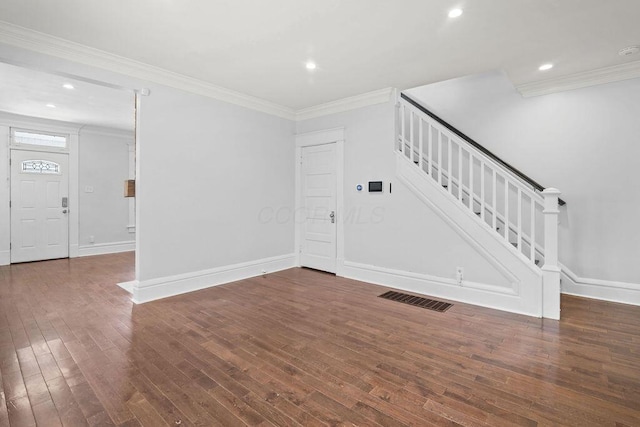 1382 S 5th St, Columbus, OH 43207 - unfurnished living room with stairway, wood-type flooring, ornamental molding, and recessed lighting