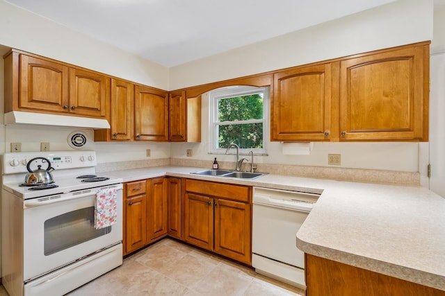 6750 Schreiner St E, Worthington, OH 43085 - kitchen featuring white appliances, under cabinet range hood, brown cabinets, light countertops, and light tile patterned flooring