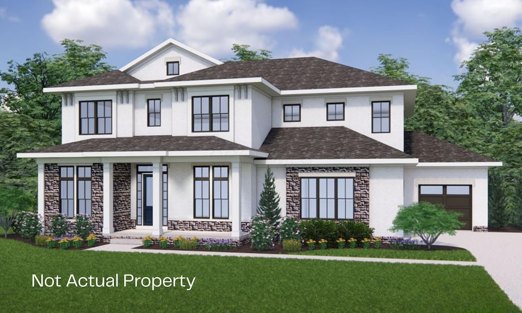 7855 Sparrow Run, Plain City, OH 43064 - modern farmhouse with an attached garage, stucco siding, stone siding, a porch, and a front yard