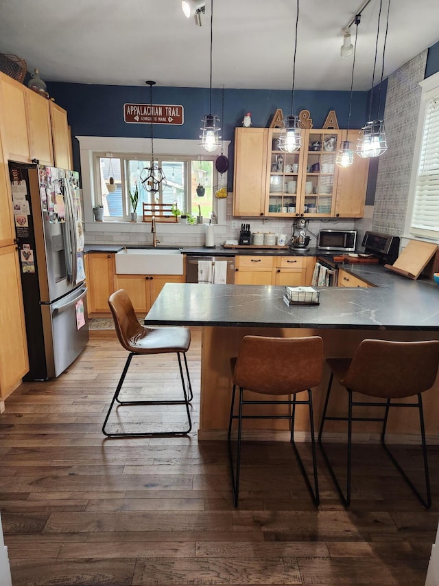 1183 N Columbus St, Lancaster, OH 43130 - kitchen featuring appliances with stainless steel finishes, rail lighting, light brown cabinets, and a peninsula