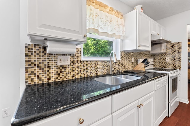 7672 Tullymore Dr, Dublin, OH 43016 - kitchen with under cabinet range hood, electric range, white cabinets, and decorative backsplash