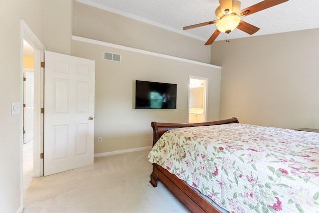 7672 Tullymore Dr, Dublin, OH 43016 - bedroom with light carpet, ornamental molding, a ceiling fan, and ensuite bath