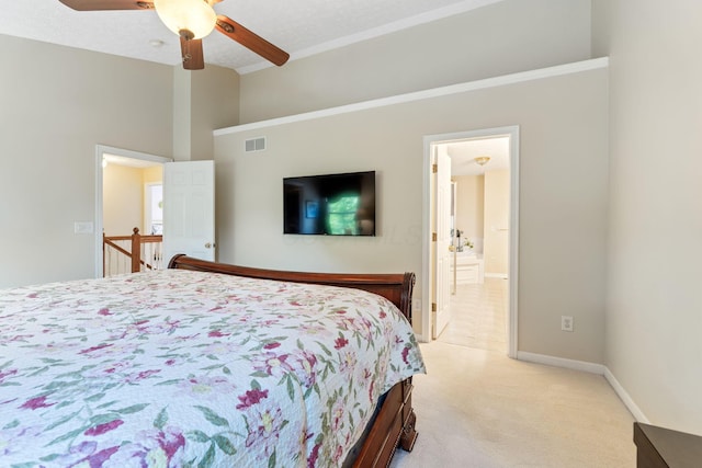 7672 Tullymore Dr, Dublin, OH 43016 - bedroom with light colored carpet, ensuite bathroom, and a ceiling fan