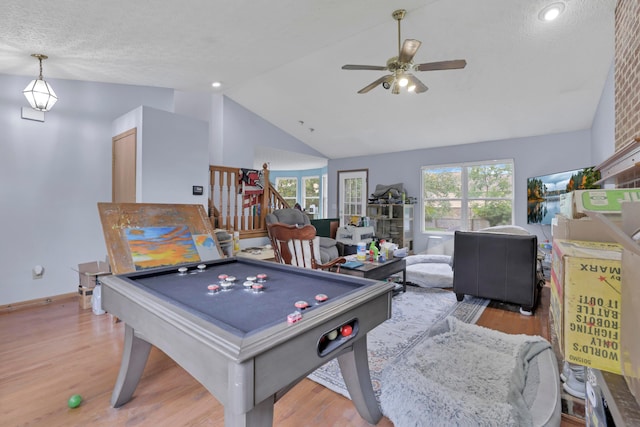 3490 Blendon Bend Way, Columbus, OH 43231 - recreation room featuring lofted ceiling, ceiling fan, wood finished floors, billiards, and a textured ceiling