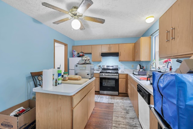 3490 Blendon Bend Way, Columbus, OH 43231 - kitchen with stainless steel range with gas stovetop, dishwasher, under cabinet range hood, a textured ceiling, and light wood-style floors