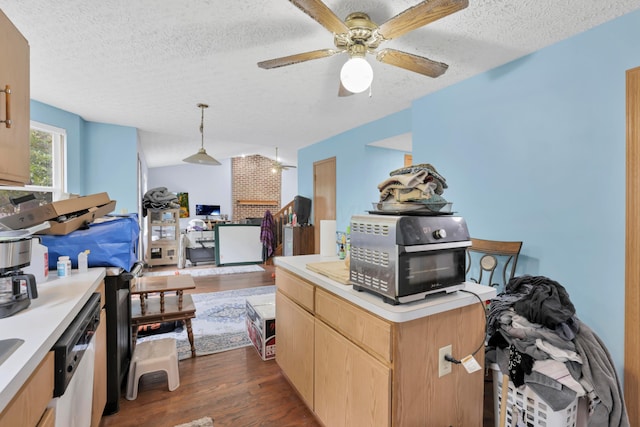 3490 Blendon Bend Way, Columbus, OH 43231 - kitchen with dark wood-style flooring, light brown cabinets, light countertops, a textured ceiling, and ceiling fan