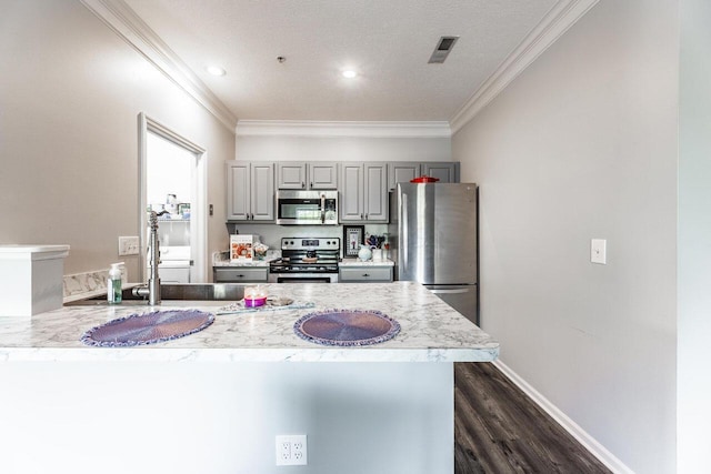 6028 Inishmore Ln, Dublin, OH 43017 - kitchen featuring stainless steel appliances, gray cabinetry, crown molding, dark wood-style flooring, and a peninsula