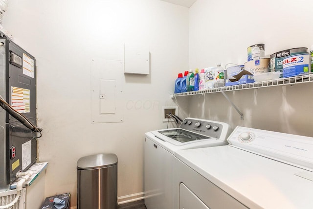 6028 Inishmore Ln, Dublin, OH 43017 - laundry room featuring electric panel, washing machine and dryer, and heating unit
