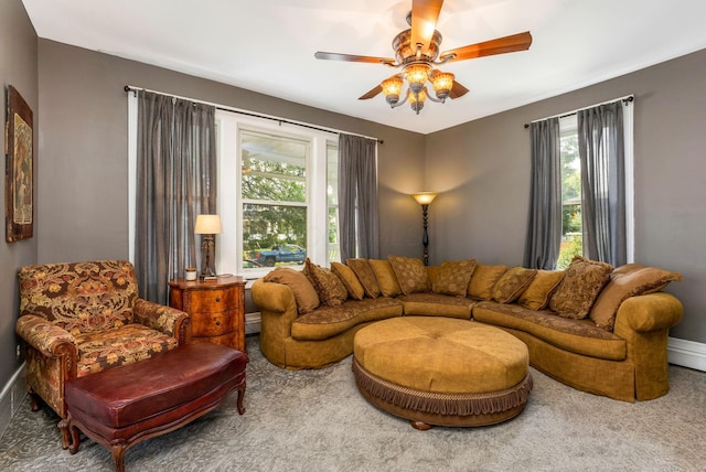 840 N Broad St, Lancaster, OH 43130 - living area featuring carpet floors, a ceiling fan, and plenty of natural light