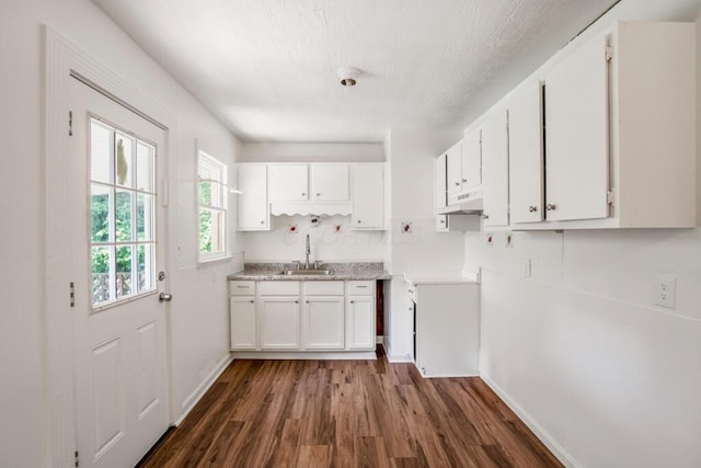 1717 Audrey Rd, Columbus, OH 43224 - kitchen with dark wood-style flooring, under cabinet range hood, white cabinetry, light countertops, and a textured ceiling