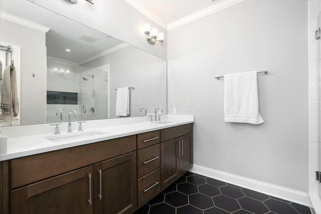 225 John H Mcconnell Blvd Unit 605, Columbus, OH 43215 - bathroom featuring double vanity, a shower stall, crown molding, and tile patterned floors