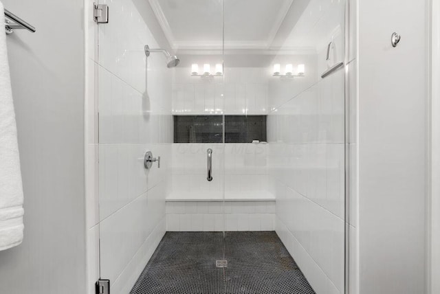 225 John H Mcconnell Blvd Unit 605, Columbus, OH 43215 - bathroom featuring crown molding, a stall shower, tile patterned floors, and tile walls