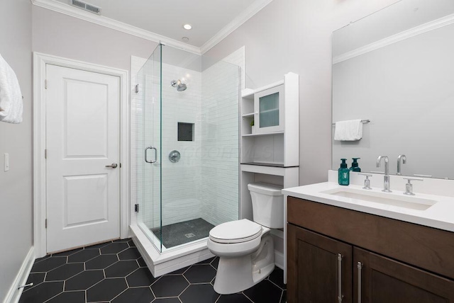 225 John H Mcconnell Blvd Unit 605, Columbus, OH 43215 - bathroom featuring crown molding, tile patterned floors, a stall shower, and vanity