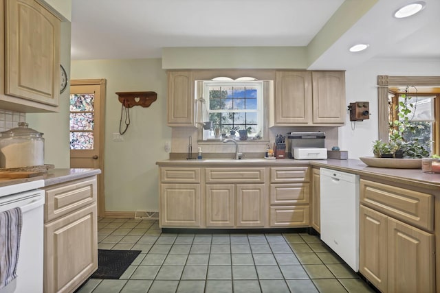 11620 Highland Park, Logan, OH 43138 - kitchen featuring white dishwasher, light brown cabinetry, backsplash, light tile patterned floors, and recessed lighting
