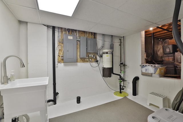 5720 Loch Maree Ct, Dublin, OH 43017 - unfinished basement featuring electric panel, concrete block wall, and a paneled ceiling